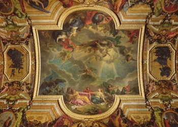 Die Eroberung der Stadt und Zitadelle von Gent in sechs Tagen im Jahr 1678 und die Strategie der Spanier ruiniert durch die Einnahme von Gent, Deckenmalerei aus der Galerie des Glaces